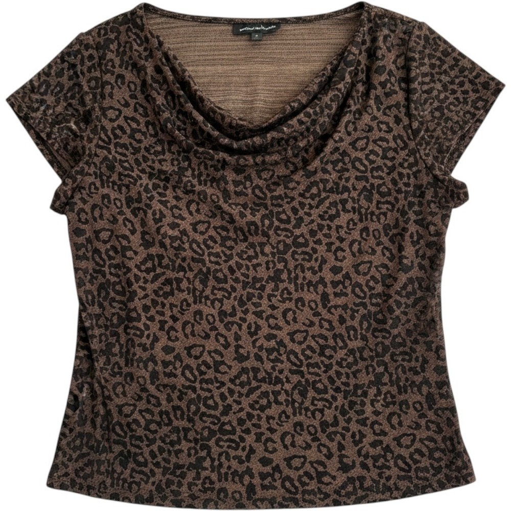 Briggs New York Women XL Leopard Print Cowl Neck Short Sleeve Knit Top Brown